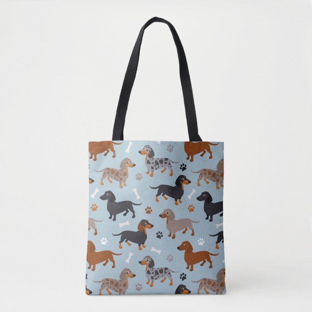 Tote Bag Bleu de motif de pattes et d'os de teckel (Devant)