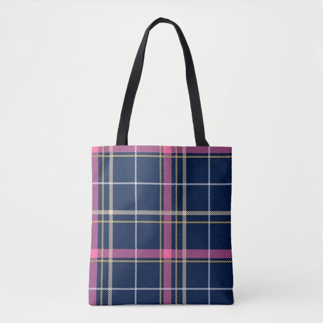 Tote Bag Bleu écossais Tartan Plaid rose blanc rayures (Devant)