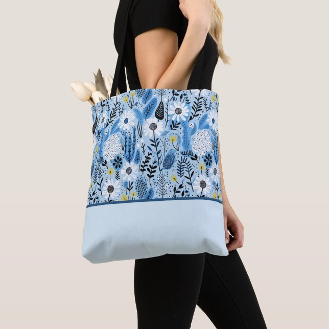 Tote Bag Bleu et blanc et Feuilles, Bloc de couleur (De près)