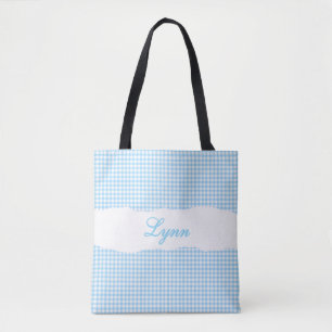 Tote Bag Bleu et Blanc Gingham Classique Nom Personnalisé