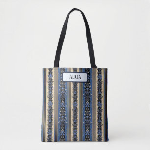 Tote Bag Bleu et or Damas rayures