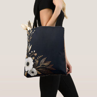 Tote Bag Bleu foncé avec or et fleurs blanches
