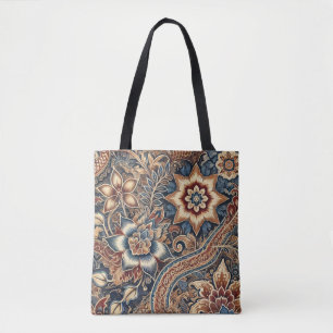 Tote Bag Bleu foncé Brown indonésien Batik motif floral