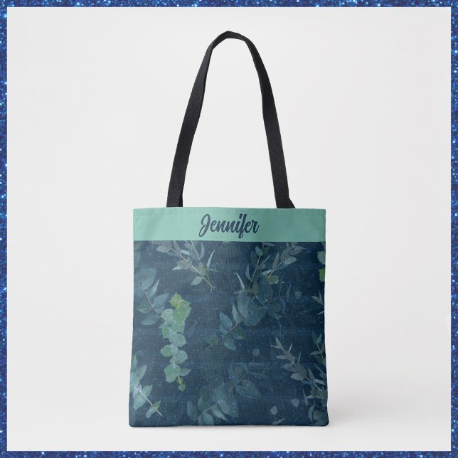 Tote Bag Bleu foncé et Feuilles verts Turquoises (Créateur téléchargé)