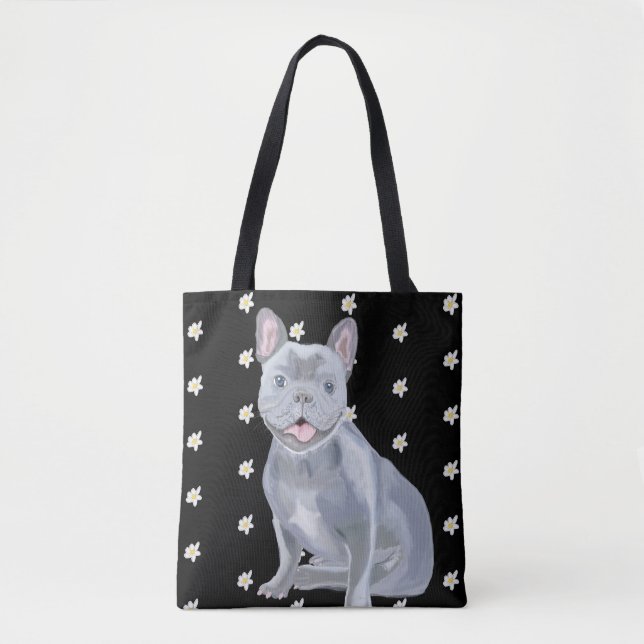 Tote Bag Bleu gris français Bulldog avec marguerites (Devant)