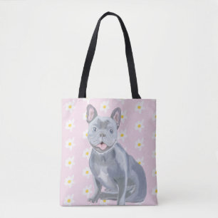 Tote Bag Bleu gris français Bulldog avec marguerites