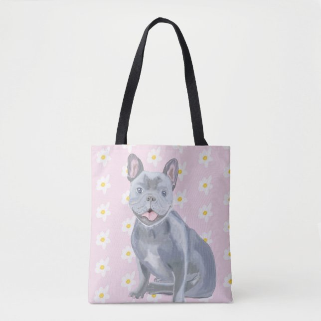 Tote Bag Bleu gris français Bulldog avec marguerites (Devant)