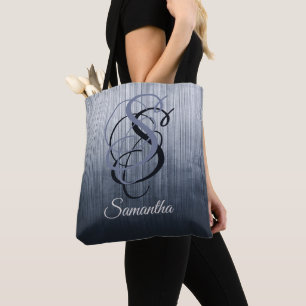 Tote Bag Bleu Gris monogramme rustique ombré rayé