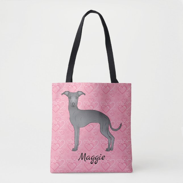 Tote Bag Bleu Italien Greyhound Chien mignon Sur Coeur Rose (Devant)