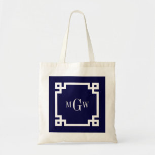 Tote Bag Bleu Marine Blanc Clé Grecque #2 Cadre 3 Initiale