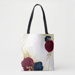 Tote Bag bleu marine et fleurs rouges or