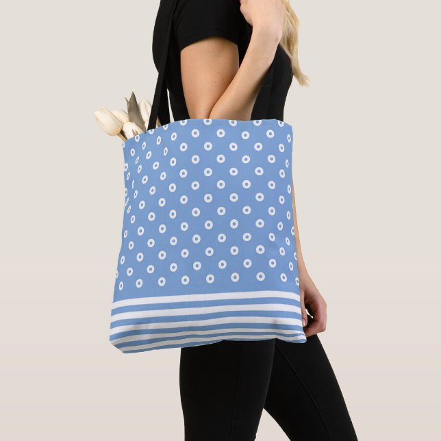 Tote Bag Bleu mignon et blanc, rayures et points modernes e (De près)
