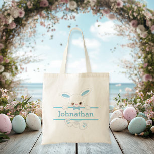 Tote Bag Bleu mignon lapin de Pâques Personnalisé Garçon