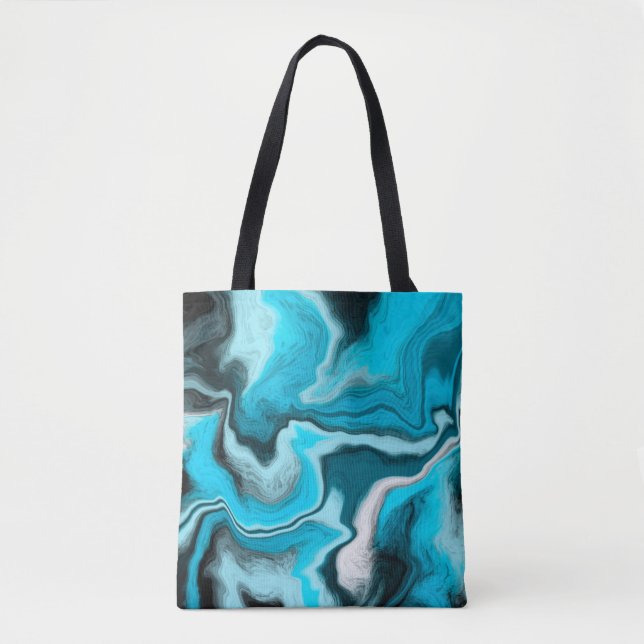 Tote Bag Bleu, noir et Marbre blanc Fluid Art (Devant)