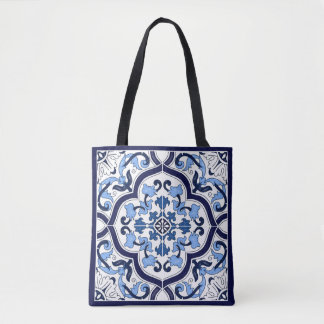 Tote Bag Bleu Orné Floral Méditerranéen Carrelage Sicilien