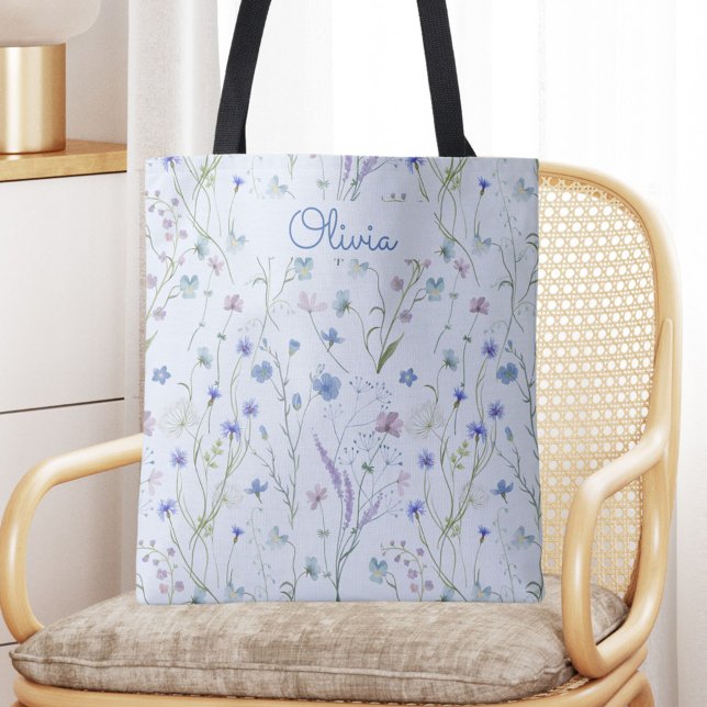 Tote Bag Bleu pourpre joli Fleur sauvage motif floral (In situ)