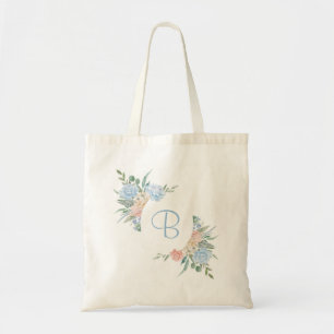 Tote Bag Bleu poussiéreux et floral rose blush personnalisé