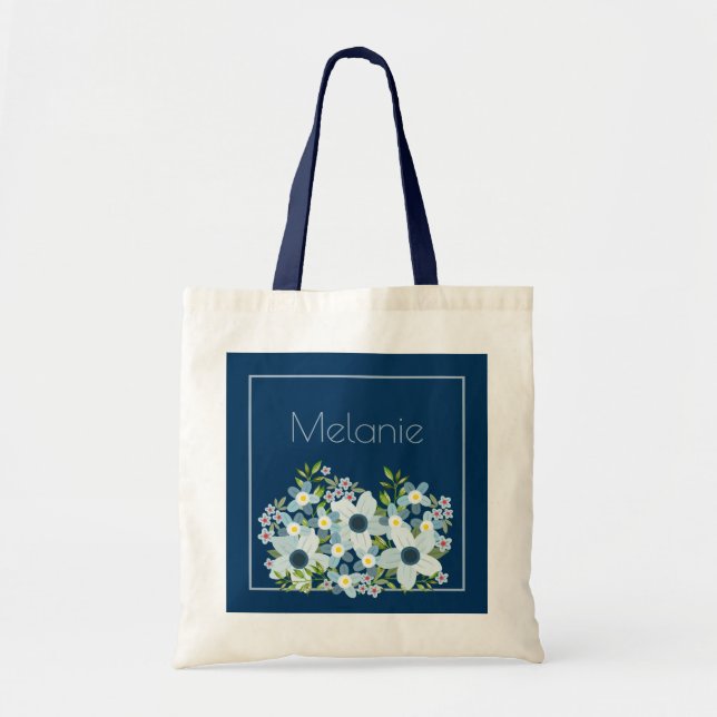 Tote Bag Bleu poussiéreux, Fleur de pays marine Robe de dem (Devant)