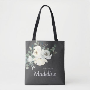 Tote Bag Bleu Poussiéreux & Fleurs Blanches - Gris