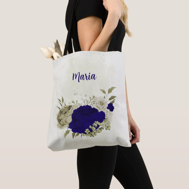 Tote Bag Bleu royal beige floral (De près)