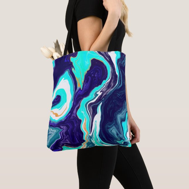 Tote Bag Bleu Turquoise Océan Fluide Marbre Art (De près)