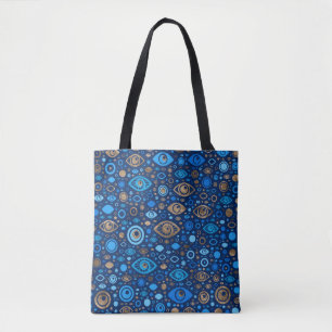Tote Bag Bleus et or grecs de motif d'oeil mauvais