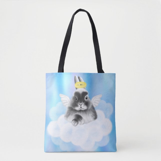 Tote Bag Bliss célestes : Lapin gris et blanc sur nuage ave (Devant)