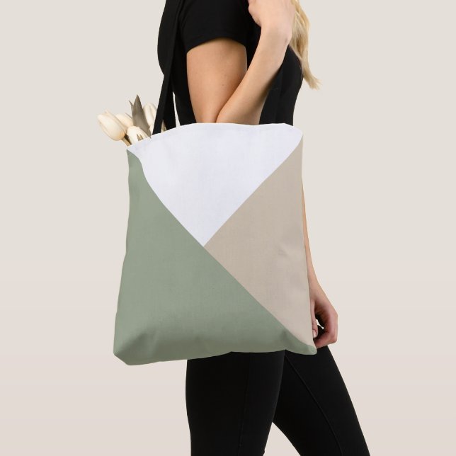Tote Bag Bloc de couleur moderne Triangles Sage Vert Beige (De près)