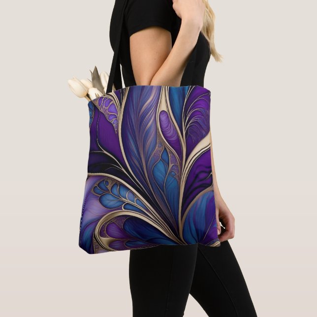 Tote Bag Bloom Majestic - Violet profond et Abstrait bleu (De près)