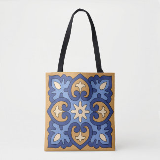 Tote Bag Blue and Gold Geometric Floral
