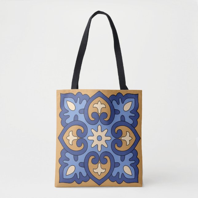 Tote Bag Blue and Gold Geometric Floral (Devant)