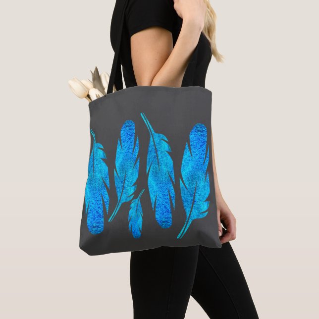 Tote Bag Blue boho feathers blue and gray (De près)