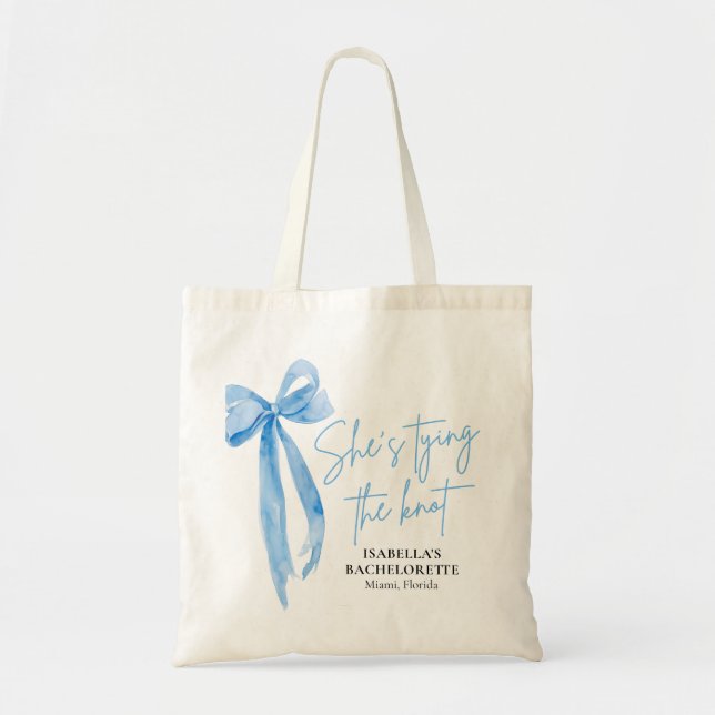 Tote Bag Blue Bow She's Tying the Knot Bachelorette Party (Devant)