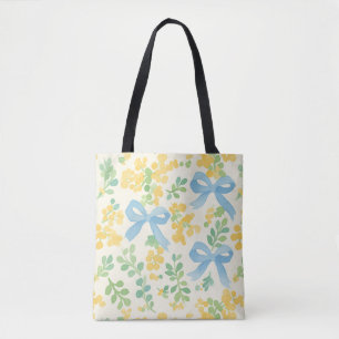 Tote Bag Blue Bows et jaune Floral Cottagecore Motif