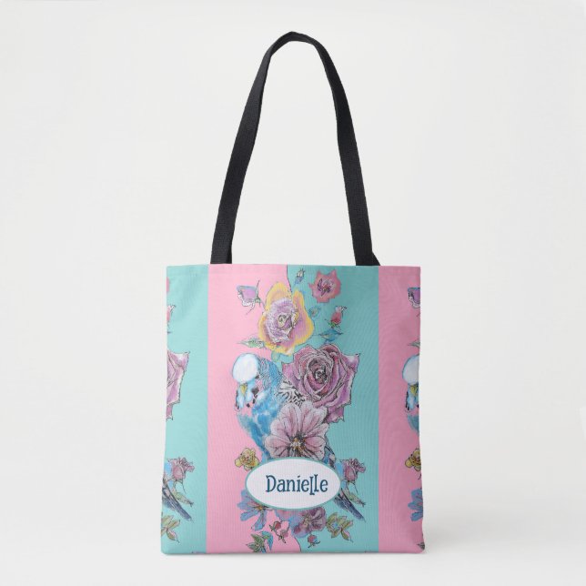 Tote Bag Blue Budgie Bird Rose Floral Pink Aqua Girls Name (Devant)