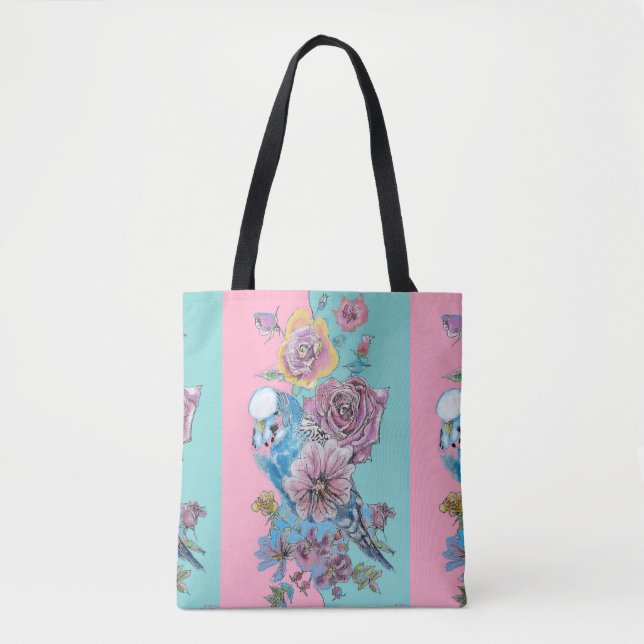 Tote Bag Blue Budgie Bird Rose Floral Pink Aqua Girls Name (Devant)