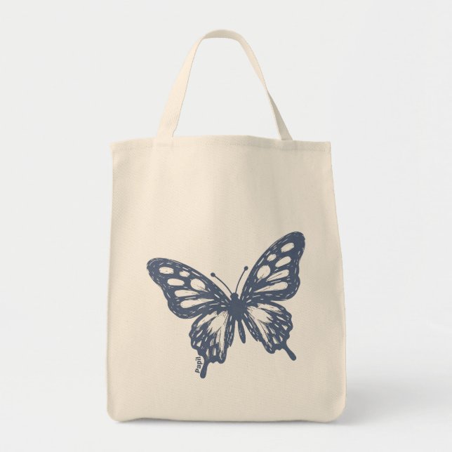 Tote Bag Blue Butterfly Minimal Nature Art by Papil (Devant)