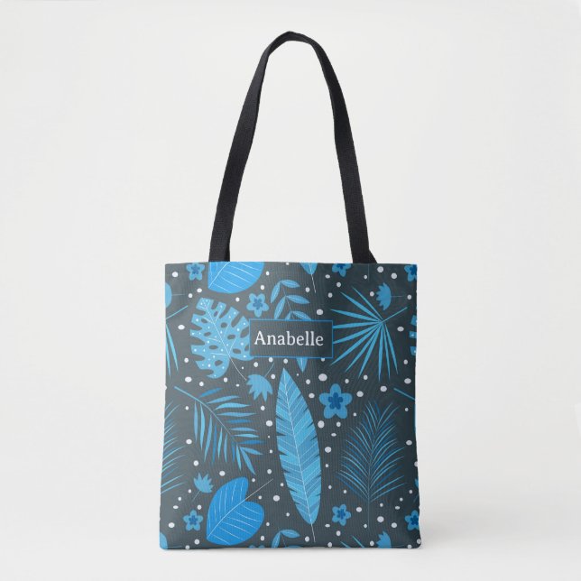 Tote Bag Blue Exotic Tropical Feuilles et Fleurs personnali (Devant)