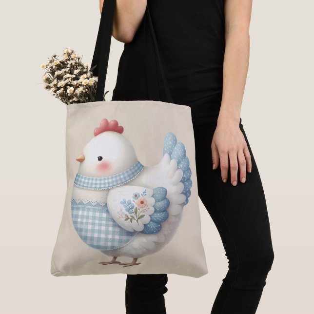 Tote Bag Blue Gingham Cottage Hen (De près)