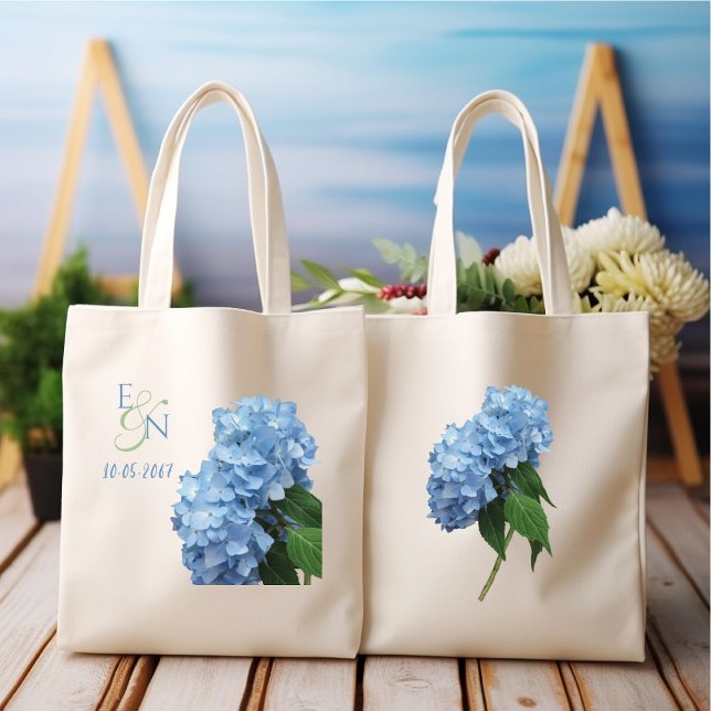 Tote Bag Blue Hydrangeas Mariage Monogramme (Créateur téléchargé)
