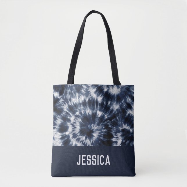 Tote Bag Blue Indigo Shibori Tie Dye Nom personnalisé  (Devant)
