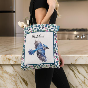 Tote Bag Blue Jay et coloré bleu n rose Berries Monogramme