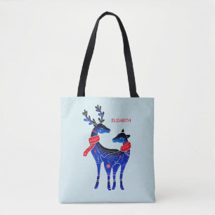 Tote Bag Blue Nordic Christmas Reindeer Pair