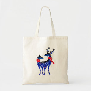 Tote Bag Blue Nordic Christmas Reindeer Pair