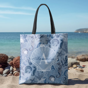 Tote Bag Blue Ocean Sea Life Plage côtière Monogramme