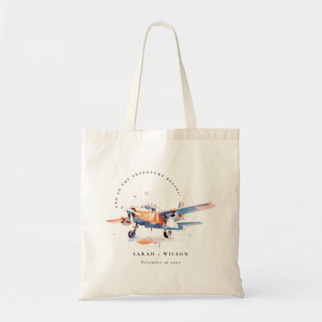 Tote Bag Blue Orange Blush Aquarelle Air Plane Mariage (Devant)