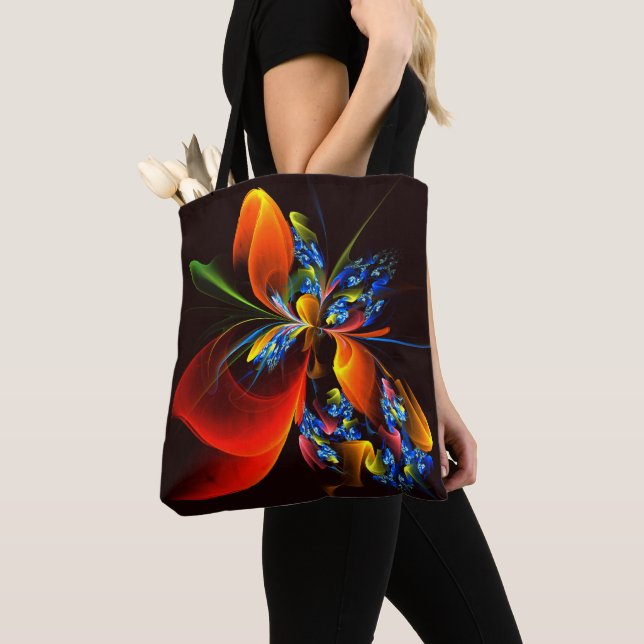 Tote Bag Blue Orange Floral Moderne Art Abstrait Motif #03 (De près)