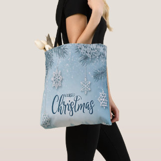 Tote Bag Blue Soft & Calm Christmas Snow Crystal Design- 