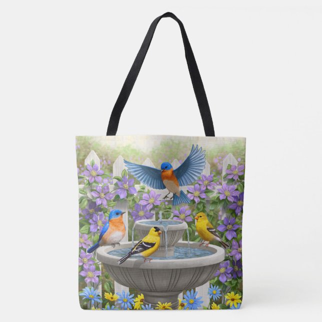 Tote Bag Bluebirds Goldfinches et fontaine Birdbath (Devant)