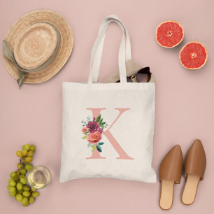 Tote Bag Blush Bourgogne Floral Monogramme Initiale